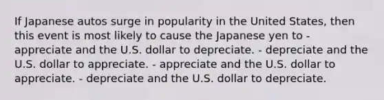 If Japanese autos surge in popularity in the United States, then this event is most likely to cause the Japanese yen to - appreciate and the U.S. dollar to depreciate. - depreciate and the U.S. dollar to appreciate. - appreciate and the U.S. dollar to appreciate. - depreciate and the U.S. dollar to depreciate.