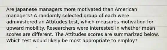 Are Japanese managers more motivated than American managers? A randomly selected group of each were administered an Attitudes test, which measures motivation for upward mobility. Researchers were interested in whether mean scores are different. The Attitudes scores are summarized below. Which test would likely be most appropriate to employ?