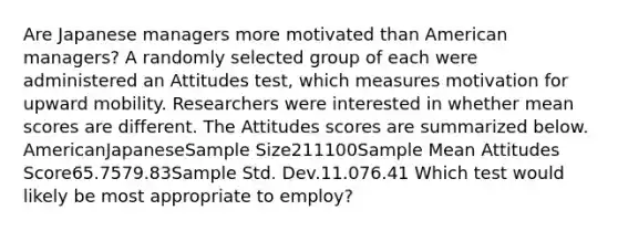 Are Japanese managers more motivated than American managers? A randomly selected group of each were administered an Attitudes test, which measures motivation for upward mobility. Researchers were interested in whether mean scores are different. The Attitudes scores are summarized below. AmericanJapaneseSample Size211100Sample Mean Attitudes Score65.7579.83Sample Std. Dev.11.076.41 Which test would likely be most appropriate to employ?