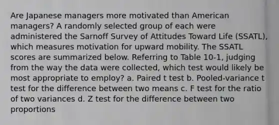 Are Japanese managers more motivated than American managers? A randomly selected group of each were administered the Sarnoff Survey of Attitudes Toward Life (SSATL), which measures motivation for upward mobility. The SSATL scores are summarized below. Referring to Table 10-1, judging from the way the data were collected, which test would likely be most appropriate to employ? a. Paired t test b. Pooled-variance t test for the difference between two means c. F test for the ratio of two variances d. Z test for the difference between two proportions