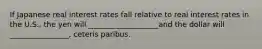 If Japanese real interest rates fall relative to real interest rates in the U.S., the yen will ___________________and the dollar will ________________, ceteris paribus.