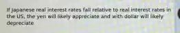 If Japanese real interest rates fall relative to real interest rates in the US, the yen will likely appreciate and with dollar will likely depreciate