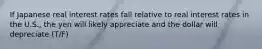 If Japanese real interest rates fall relative to real interest rates in the U.S., the yen will likely appreciate and the dollar will depreciate (T/F)