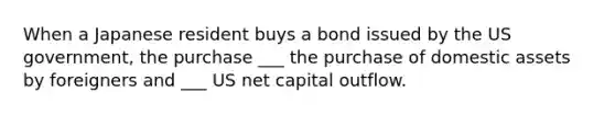 When a Japanese resident buys a bond issued by the US government, the purchase ___ the purchase of domestic assets by foreigners and ___ US net capital outflow.