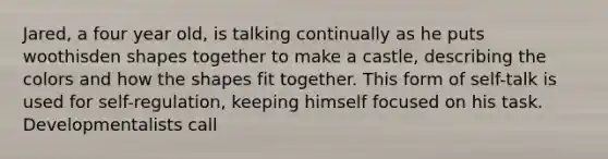 Jared, a four year old, is talking continually as he puts woothisden shapes together to make a castle, describing the colors and how the shapes fit together. This form of self-talk is used for self-regulation, keeping himself focused on his task. Developmentalists call