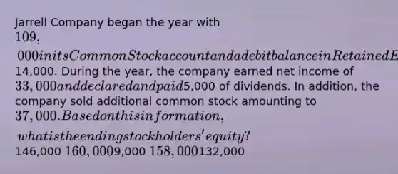 Jarrell Company began the year with 109,000 in its Common Stock account and a debit balance in Retained Earnings of14,000. During the year, the company earned net income of 33,000 and declared and paid5,000 of dividends. In addition, the company sold additional common stock amounting to 37,000. Based on this information, what is the ending stockholders' equity?146,000 160,0009,000 158,000132,000
