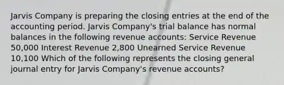 Jarvis Company is preparing the closing entries at the end of the accounting period. Jarvis Company's trial balance has normal balances in the following revenue accounts: Service Revenue 50,000 Interest Revenue 2,800 Unearned Service Revenue 10,100 Which of the following represents the closing general journal entry for Jarvis Company's revenue accounts?