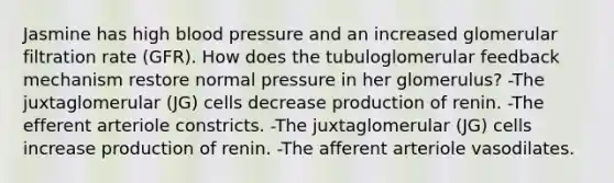 Jasmine has high blood pressure and an increased glomerular filtration rate (GFR). How does the tubuloglomerular feedback mechanism restore normal pressure in her glomerulus? -The juxtaglomerular (JG) cells decrease production of renin. -The efferent arteriole constricts. -The juxtaglomerular (JG) cells increase production of renin. -The afferent arteriole vasodilates.