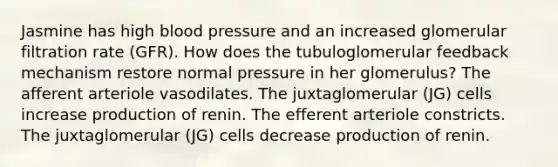 Jasmine has high blood pressure and an increased glomerular filtration rate (GFR). How does the tubuloglomerular feedback mechanism restore normal pressure in her glomerulus? The afferent arteriole vasodilates. The juxtaglomerular (JG) cells increase production of renin. The efferent arteriole constricts. The juxtaglomerular (JG) cells decrease production of renin.