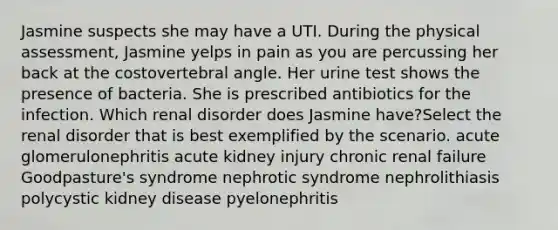 Jasmine suspects she may have a UTI. During the physical assessment, Jasmine yelps in pain as you are percussing her back at the costovertebral angle. Her urine test shows the presence of bacteria. She is prescribed antibiotics for the infection. Which renal disorder does Jasmine have?Select the renal disorder that is best exemplified by the scenario. acute glomerulonephritis acute kidney injury chronic renal failure Goodpasture's syndrome nephrotic syndrome nephrolithiasis polycystic kidney disease pyelonephritis