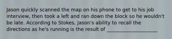 Jason quickly scanned the map on his phone to get to his job interview, then took a left and ran down the block so he wouldn't be late. According to Stokes, Jason's ability to recall the directions as he's running is the result of _____________________