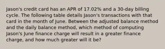 Jason's credit card has an APR of 17.02% and a 30-day billing cycle. The following table details Jason's transactions with that card in the month of June. Between the adjusted balance method and the daily balance method, which method of computing Jason's June finance charge will result in a greater finance charge, and how much greater will it be?