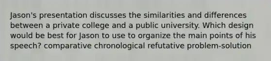 Jason's presentation discusses the similarities and differences between a private college and a public university. Which design would be best for Jason to use to organize the main points of his speech? comparative chronological refutative problem-solution