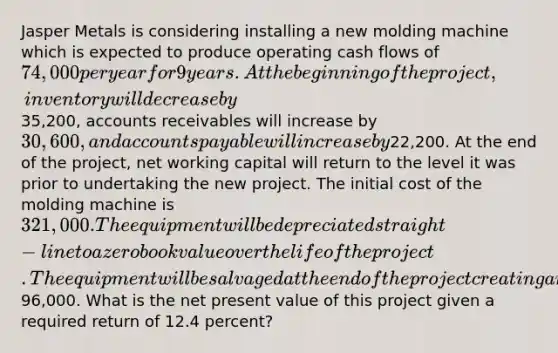 Jasper Metals is considering installing a new molding machine which is expected to produce operating cash flows of 74,000 per year for 9 years. At the beginning of the project, inventory will decrease by35,200, accounts receivables will increase by 30,600, and accounts payable will increase by22,200. At the end of the project, net working capital will return to the level it was prior to undertaking the new project. The initial cost of the molding machine is 321,000. The equipment will be depreciated straight-line to a zero book value over the life of the project. The equipment will be salvaged at the end of the project creating an aftertax cash flow of96,000. What is the net present value of this project given a required return of 12.4 percent?