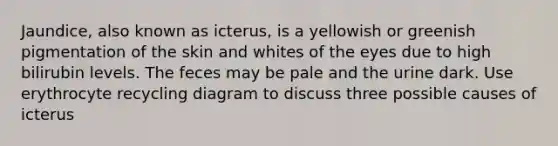 Jaundice, also known as icterus, is a yellowish or greenish pigmentation of the skin and whites of the eyes due to high bilirubin levels. The feces may be pale and the urine dark. Use erythrocyte recycling diagram to discuss three possible causes of icterus