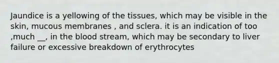 Jaundice is a yellowing of the tissues, which may be visible in the skin, mucous membranes , and sclera. it is an indication of too ,much __, in the blood stream, which may be secondary to liver failure or excessive breakdown of erythrocytes