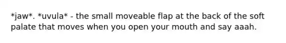 *jaw*. *uvula* - the small moveable flap at the back of the soft palate that moves when you open your mouth and say aaah.