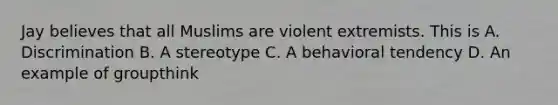 Jay believes that all Muslims are violent extremists. This is A. Discrimination B. A stereotype C. A behavioral tendency D. An example of groupthink