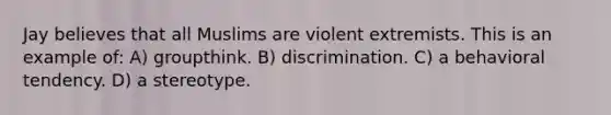 Jay believes that all Muslims are violent extremists. This is an example of: A) groupthink. B) discrimination. C) a behavioral tendency. D) a stereotype.