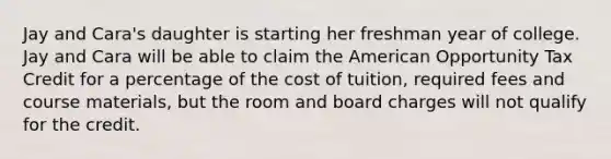 Jay and​ Cara's daughter is starting her freshman year of college. Jay and Cara will be able to claim the American Opportunity Tax Credit for a percentage of the cost of​ tuition, required fees and course​ materials, but the room and board charges will not qualify for the credit.