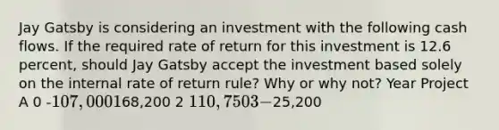 Jay Gatsby is considering an investment with the following cash flows. If the required rate of return for this investment is 12.6 percent, should Jay Gatsby accept the investment based solely on the internal rate of return rule? Why or why not? Year Project A 0 -107,000 168,200 2 110,750 3 -25,200