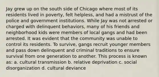 Jay grew up on the south side of Chicago where most of its residents lived in poverty, felt helpless, and had a mistrust of the police and government institutions. While Jay was not arrested or charged with delinquent behaviors, many of his friends and neighborhood kids were members of local gangs and had been arrested. It was evident that the community was unable to control its residents. To survive, gangs recruit younger members and pass down delinquent and criminal traditions to ensure survival from one generation to another. This process is known as: a. cultural transmission b. relative deprivation c. social disorganization d. cultural deviance