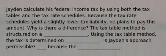 Jayden calculate his federal income tax by using both the tax tables and the tax rate schedules. Because the tax rate schedules yield a slightly lower tax liability, he plans to pay this amount. Why is there a difference? The tax table method is structured on a ___________________. Using the tax table method, the tax is determined on _______________. Is Jayden's approach permissible? ____ because the __________________.