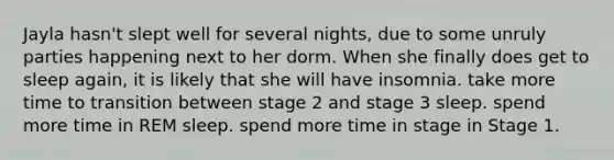 Jayla hasn't slept well for several nights, due to some unruly parties happening next to her dorm. When she finally does get to sleep again, it is likely that she will have insomnia. take more time to transition between stage 2 and stage 3 sleep. spend more time in REM sleep. spend more time in stage in Stage 1.