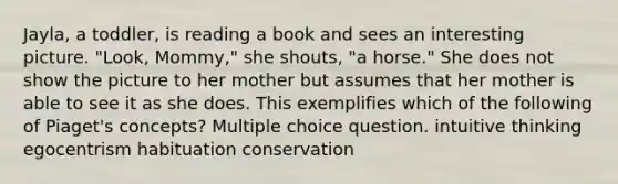 Jayla, a toddler, is reading a book and sees an interesting picture. "Look, Mommy," she shouts, "a horse." She does not show the picture to her mother but assumes that her mother is able to see it as she does. This exemplifies which of the following of Piaget's concepts? Multiple choice question. intuitive thinking egocentrism habituation conservation