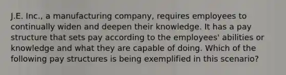 J.E. Inc., a manufacturing company, requires employees to continually widen and deepen their knowledge. It has a pay structure that sets pay according to the employees' abilities or knowledge and what they are capable of doing. Which of the following pay structures is being exemplified in this scenario?