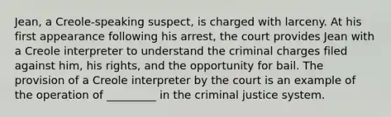 Jean, a Creole-speaking suspect, is charged with larceny. At his first appearance following his arrest, the court provides Jean with a Creole interpreter to understand the criminal charges filed against him, his rights, and the opportunity for bail. The provision of a Creole interpreter by the court is an example of the operation of _________ in the criminal justice system.