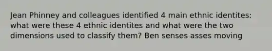 Jean Phinney and colleagues identified 4 main ethnic identites: what were these 4 ethnic identites and what were the two dimensions used to classify them? Ben senses asses moving