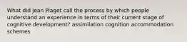 What did Jean Piaget call the process by which people understand an experience in terms of their current stage of cognitive development? assimilation cognition accommodation schemes