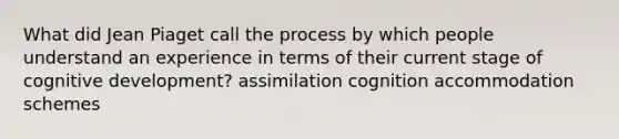 What did Jean Piaget call the process by which people understand an experience in terms of their current stage of cognitive development? assimilation cognition accommodation schemes