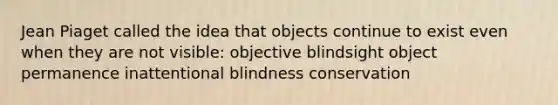 <a href='https://www.questionai.com/knowledge/kLmR0js1UL-jean-piaget' class='anchor-knowledge'>jean piaget</a> called the idea that objects continue to exist even when they are not visible: objective blindsight object permanence inattentional blindness conservation