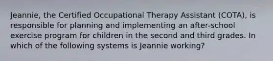 Jeannie, the Certified Occupational Therapy Assistant (COTA), is responsible for planning and implementing an after-school exercise program for children in the second and third grades. In which of the following systems is Jeannie working?