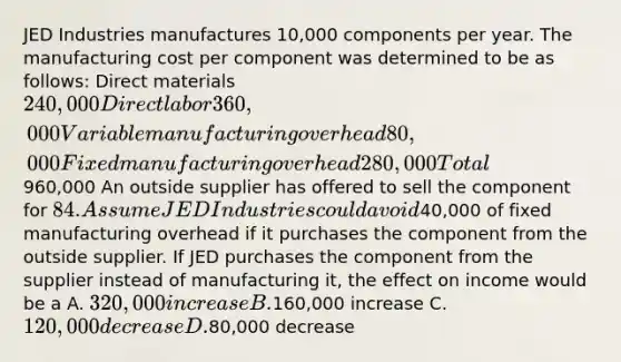 JED Industries manufactures 10,000 components per year. The manufacturing cost per component was determined to be as follows: Direct materials 240,000 Direct labor 360,000 Variable manufacturing overhead 80,000 Fixed manufacturing overhead 280,000 Total960,000 An outside supplier has offered to sell the component for 84. Assume JED Industries could avoid40,000 of fixed manufacturing overhead if it purchases the component from the outside supplier. If JED purchases the component from the supplier instead of manufacturing it, the effect on income would be a A. 320,000 increase B.160,000 increase C. 120,000 decrease D.80,000 decrease