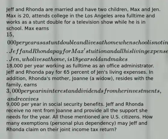 Jeff and Rhonda are married and have two children, Max and Jen. Max is 20, attends college in the Los Angeles area fulltime and works as a stunt double for a television show while he is in school. Max earns 15,000 per year as a stunt double and lives at home when school is not in session. Jeff and Rhonda pay for Max's tuition and all his living expenses. Jen, who lives at home, is 18 years old and makes18,000 per year working as fulltime as an office administrator. Jeff and Rhonda pay for 65 percent of Jen's living expenses. In addition, Rhonda's mother, Joanne (a widow), resides with the family, earns 3,000 per year in interest and dividends from her investments, and receives9,000 per year in social security benefits. Jeff and Rhonda receive no rent from Joanne and provide all the support she needs for the year. All those mentioned are U.S. citizens. How many exemptions (personal plus dependency) may Jeff and Rhonda claim on their joint income tax return?