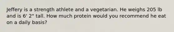 Jeffery is a strength athlete and a vegetarian. He weighs 205 lb and is 6' 2" tall. How much protein would you recommend he eat on a daily basis?