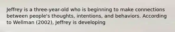 Jeffrey is a three-year-old who is beginning to make connections between people's thoughts, intentions, and behaviors. According to Wellman (2002), Jeffrey is developing