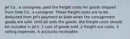 Jel Co., a consignee, paid the freight costs for goods shipped from Dale Co., a consignor. These freight costs are to be deducted from Jel's payment to Dale when the consignment goods are sold. Until Jel sells the goods, the freight costs should be included in Jel's: 1 cost of goods sold. 2 freight-out costs. 3 selling expenses. 4 accounts receivable.