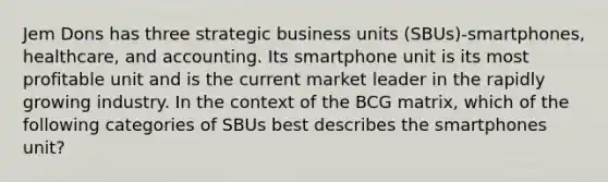 Jem Dons has three strategic business units (SBUs)-smartphones, healthcare, and accounting. Its smartphone unit is its most profitable unit and is the current market leader in the rapidly growing industry. In the context of the BCG matrix, which of the following categories of SBUs best describes the smartphones unit?