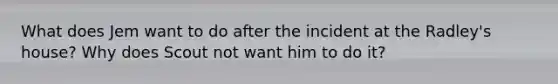 What does Jem want to do after the incident at the Radley's house? Why does Scout not want him to do it?