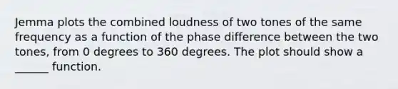 Jemma plots the combined loudness of two tones of the same frequency as a function of the phase difference between the two tones, from 0 degrees to 360 degrees. The plot should show a ______ function.