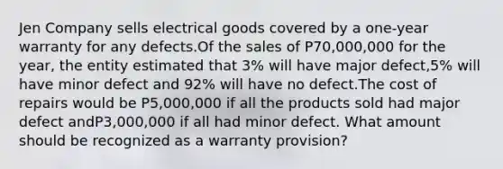 Jen Company sells electrical goods covered by a one-year warranty for any defects.Of the sales of P70,000,000 for the year, the entity estimated that 3% will have major defect,5% will have minor defect and 92% will have no defect.The cost of repairs would be P5,000,000 if all the products sold had major defect andP3,000,000 if all had minor defect. What amount should be recognized as a warranty provision?