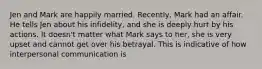 Jen and Mark are happily married. Recently, Mark had an affair. He tells Jen about his infidelity, and she is deeply hurt by his actions. It doesn't matter what Mark says to her, she is very upset and cannot get over his betrayal. This is indicative of how interpersonal communication is