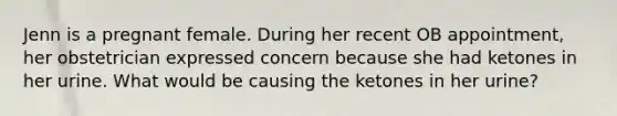 Jenn is a pregnant female. During her recent OB appointment, her obstetrician expressed concern because she had ketones in her urine. What would be causing the ketones in her urine?