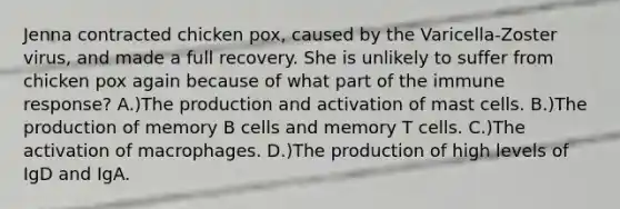 Jenna contracted chicken pox, caused by the Varicella-Zoster virus, and made a full recovery. She is unlikely to suffer from chicken pox again because of what part of the immune response? A.)The production and activation of mast cells. B.)The production of memory B cells and memory T cells. C.)The activation of macrophages. D.)The production of high levels of IgD and IgA.