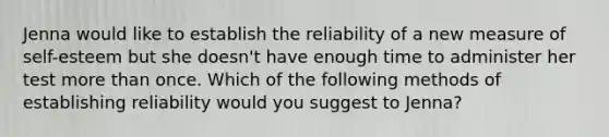 Jenna would like to establish the reliability of a new measure of self-esteem but she doesn't have enough time to administer her test more than once. Which of the following methods of establishing reliability would you suggest to Jenna?