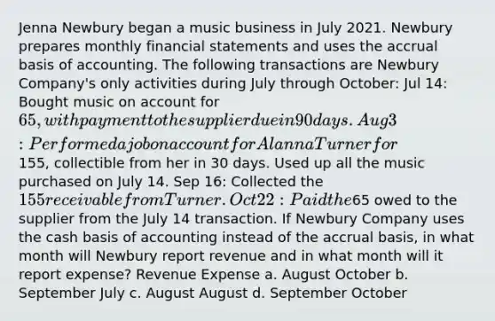 Jenna Newbury began a music business in July 2021. Newbury prepares monthly financial statements and uses the accrual basis of accounting. The following transactions are Newbury Company's only activities during July through October: Jul 14: Bought music on account for 65, with payment to the supplier due in 90 days. Aug 3: Performed a job on account for Alanna Turner for155, collectible from her in 30 days. Used up all the music purchased on July 14. Sep 16: Collected the 155 receivable from Turner. Oct 22: Paid the65 owed to the supplier from the July 14 transaction. If Newbury Company uses the cash basis of accounting instead of the accrual basis, in what month will Newbury report revenue and in what month will it report expense? Revenue Expense a. August October b. September July c. August August d. September October